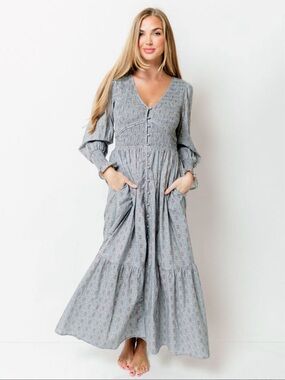 Worth Collective Mercy Dress M Blue Floral Boho Prairie Midi Pockets Cottagecore